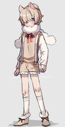  1boy adapted_costume alpaca_boy alpaca_ears alpaca_suri_(kemono_friends) animal_ears blue_eyes blush brown_footwear brown_shorts brown_vest commentary_request full_body fur_collar fur_scarf fur_trim genderswap_(ftm) hair_bun hair_over_one_eye highres kemono_friends long_sleeves male_focus neck_ribbon noamem red_ribbon ribbon rule_63 short_hair shorts single_hair_bun socks solo suspender_shorts suspenders sweater vest white_fur white_hair white_socks white_sweater 