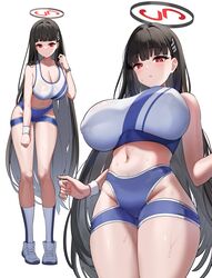  absurdres alternate_costume black_hair blue_archive blush breasts cleavage commentary dishui_tangni female full_body groin halo highres hip_vent huge_breasts long_hair looking_at_viewer looking_down multiple_views navel red_eyes rio_(blue_archive) simple_background sports_bra stomach t-back_spats two-tone_sports_bra white_background 