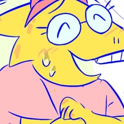  accessory alphys anthro block bodily_fluids buckteeth bust_portrait closed_eyes clothed clothing eyewear fake_cat_ears fake_ears female front_view glasses headband kstl_mitf lizard low_res open_mouth open_smile portrait reptile scales scalie shirt smile solo sweat teeth topwear undertale undertale_(series) yellow_body yellow_scales 