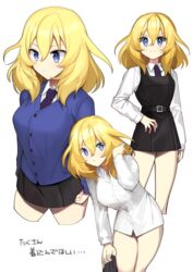  bc_freedom_school_uniform black_skirt black_vest blonde_hair blue_eyes blue_necktie blue_sweater blush cardigan closed_mouth clothes_lift commentary cropped_legs dress dress_shirt dressing female girls_und_panzer hand_in_own_hair hand_on_own_hip leaning_forward light_frown long_sleeves looking_at_viewer medium_hair messy_hair miniskirt multiple_views necktie oshida_(girls_und_panzer) pinafore_dress pleated_skirt school_uniform shirt simple_background skirt skirt_lift sleeveless sleeveless_dress smile standing sweater tan_(inka) translated vest white_background white_shirt wing_collar 