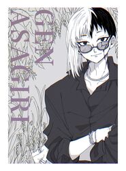  1boy asagiri_gen asymmetrical_hair border bracelet character_name commentary_request cracked_skin crossed_arms dr._stone glasses greyscale highres jewelry looking_at_viewer male_focus monochrome multicolored_hair necklace ring solo split-color_hair spot_color tanuki_happa two-tone_hair white_border 