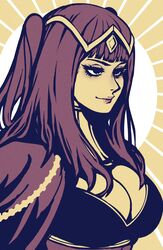  akairiot black_eyes black_eyeshadow black_hair breasts cape cleavage english_commentary eyeshadow female fire_emblem fire_emblem_awakening from_side headdress highres large_breasts looking_ahead makeup parted_lips simple_background smile solo sun tharja_(fire_emblem) two_side_up 