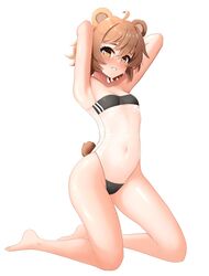  absurdres ahoge animal_ears armpits arms_behind_head arms_up bare_legs bare_shoulders barefoot bear_ears bear_tail black_one-piece_swimsuit blush breasts bright_pupils brown_eyes brown_hair casual_one-piece_swimsuit covered_navel double_vertical_stripe english_commentary female from_side full_body grin gris_swimsuit groin hair_between_eyes highleg highleg_swimsuit highres kneeling legs legs_apart looking_at_viewer meme_attire messy_hair one-piece_swimsuit original pose see-through see-through_one-piece_swimsuit shiny_clothes shiny_skin short_hair short_tail simple_background small_breasts smile solo strapless strapless_one-piece_swimsuit swimsuit tail tail_through_clothes thighs white_background yan_(yan_kodiac) yan_kodiac 