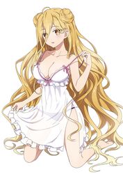  absurdres bare_shoulders breasts cleavage collarbone date_a_live dress dyantocialong empire_waist female frilled_dress frills high-waist_dress highres hoshimiya_mukuro large_breasts long_hair looking_at_viewer ribbon sleeveless white_dress 