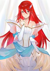  bride bride_(fire_emblem) closed_mouth cordelia_(bridal)_(fire_emblem) cordelia_(fire_emblem) dress female fire_emblem fire_emblem_awakening fire_emblem_heroes hair_ornament highres kyufe long_hair red_eyes red_hair solo wedding_dress white_dress wing_hair_ornament 