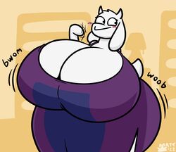  absurd_res anthro ass big_breasts black_eyes blush boss_monster_(undertale) bovid breast_expansion breasts butt_expansion caprine cleavage clothed clothing english_text expansion female floppy_ears goat hi_res horn huge_breasts huge_thighs hyper hyper_breasts hyper_hips hyper_thighs looking_away mammal mattthetooncat motion_lines onomatopoeia robe solo sound_effects text thick_thighs toriel undertale undertale_(series) white_body wide_hips 