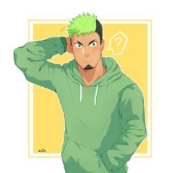  1boy ? alternate_costume arm_behind_head black_hair blush casual dark-skinned_male dark_skin facial_hair goatee green_eyes green_hair green_hoodie highres hood hoodie ikusaba_daisuke looking_at_viewer male_focus multicolored_hair short_hair solo spoken_question_mark sweatdrop tokyo_afterschool_summoners two-tone_hair upper_body zifu 