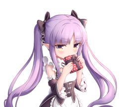  blush box breasts cementite elf female gradient heart highres holding holding_box kyoka_(princess_connect!) long_hair maid nervous pointy_ears princess_connect! purple_eyes purple_hair simple_background small_breasts solo twintails upper_body valentine very_long_hair white_background yellow_eyes 