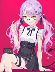  absurdres bad_id bad_pixiv_id bibi_(tokoyami_towa) black_bow black_bowtie black_skirt bow bowtie breasts collared_shirt colored_inner_hair commentary_request crossed_legs demon_tail ear_piercing earrings feet_out_of_frame female glasses green_eyes hair_ornament hairclip haru_on high-waist_skirt highres hololive jewelry jirai_kei long_hair looking_at_viewer multicolored_hair nail_polish official_alternate_costume open_mouth piercing pink_hair pink_nails pleated_skirt purple_hair red_background shirt sitting skirt sleeveless sleeveless_shirt small_breasts smile solo streaked_hair suspender_skirt suspenders tail thigh_strap tokoyami_towa tokoyami_towa_(jirai_kei) two-tone_hair virtual_youtuber white_shirt x_hair_ornament 