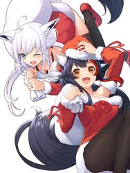  2girls :d ;d ahoge animal_ears asymmetrical_hair black_hair black_pantyhose black_thighhighs blue_eyes blush braid breasts carrying_over_shoulder cleavage commentary commission detached_sleeves downblouse ear_piercing feet_out_of_frame floating fox_ears fox_girl fox_tail fur-trimmed_headwear fur-trimmed_sleeves fur-trimmed_sweater fur_trim gift_bag hair_between_eyes hat highres hololive jewelry long_hair looking_at_viewer medium_breasts multicolored_hair multiple_girls nishino_eri off-shoulder_sweater off_shoulder one_eye_closed ookami_mio open_mouth orange_eyes pantyhose piercing red_footwear red_hair red_headwear red_sweater ribbed_sweater ring santa_costume santa_hat shirakami_fubuki shoes side_braid simple_background single_braid smile streaked_hair sweater tail thighhighs thighs virtual_youtuber wedding_ring white_background white_hair wolf_ears 