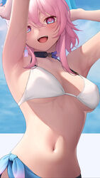  absurdres armpits arms_up bare_arms bikini black_choker blue_eyes blue_jacket blue_ribbon blue_sky breasts choker clothes_around_waist cloud cloudy_sky commentary_request female gradient_jacket gradient_ribbon hair_between_eyes highres holding honkai:_star_rail honkai_(series) jacket jacket_around_waist looking_at_viewer march_7th_(honkai:_star_rail) navel open_mouth pink_eyes pink_hair pink_jacket pink_ribbon ribbon ribbon_earrings shirafuji_ene sky smile solo stomach swimsuit teeth tied_jacket tongue two-tone_eyes upper_teeth_only wet wet_hair white_bikini 