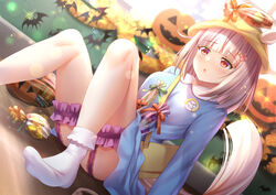  :o animal_ears bag blue_shirt blunt_bangs blush bobby_socks bridal_garter female flower full_body garter_straps hair_flower hair_ornament hairclip halloween happy_meek_(umamusume) hat horse_ears horse_girl horse_tail jack-o&#039;-lantern kindergarten_bag kindergarten_uniform long_sleeves name_tag no_shoes open_mouth red_eyes school_hat school_uniform shirt short_hair sitting smock socks solo tail toshi_(1-147) umamusume white_hair white_socks yellow_hat 