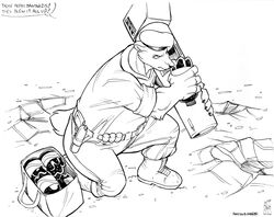  2011 angry anthro bag bear belt black_and_white black_nose boots bottle clothed clothing container english_text exclamation_point eyebrows flare_gun footwear fur gun inner_ear_fluff kneeling male mammal max_blackrabbit military military_beret military_clothing military_pants military_uniform monochrome pepsi profanity ranged_weapon rock rocket_launcher signature simple_background soft_drink solo speech_bubble text traditional_media_(artwork) tuft uniform weapon white_background 