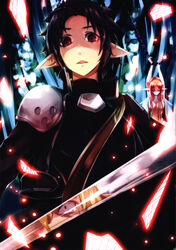  2boys absurdres asuna_(sao) beancurd black_hair black_iron_great_sword blonde_hair breasts brown_hair elf fairy fairy_wings female highres holding holding_sword holding_weapon kirito kirito_(sao-alo) looking_at_viewer medium_breasts multiple_boys oberon_(sao) photoshop_(medium) pointy_ears red_eyes restrained sword sword_art_online titania_(sao) transparent_wings weapon white_wings wings 