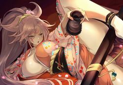  alcohol amputee baiken breasts cleavage commentary_request female guilty_gear guilty_gear_xrd jako_(toyprn) japanese_clothes kataginu kimono large_breasts lying multicolored_clothes multicolored_kimono on_back one-eyed open_mouth pink_hair ponytail red_eyes sake sash scar scar_across_eye scar_on_face sheath spread_legs thighs 