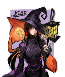  absurdres artist_name belt black_dress black_gloves black_hair black_jacket border brown_hair chains character_name closed_mouth colored_inner_hair commentary dress expressionless female ghost gloves hat highres holding jacket lantern long_fingers long_hair looking_at_viewer multicolored_hair orange_eyes orange_hair original outside_border purple_background red_pupils saiykik sidelocks signature simple_background solo two-tone_hair very_long_hair watermark white_border witch witch_hat 