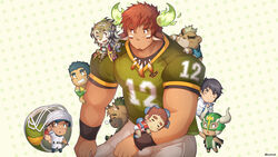  6+boys american_football_uniform animal_ears ashigara_(housamo) avarga_(housamo) bara bear_boy bear_ears blush brown_eyes brown_hair bulge chibi climbing cow_boy cow_ears cow_horns dark-skinned_male dark_skin david_(housamo) dog_boy dog_ears durga_(housamo) eye_black facial_hair fake_animal_ears female fiery_horns forked_eyebrows glowing_horns goatee green_shirt highres horns ikusaba_daisuke kunknee lying male_focus multiple_boys muscular muscular_male nakatsugi_kyuuma on_back on_shoulder pectorals shirt short_hair short_sleeves shorts solo_focus spiked_hair sportswear sweatdrop tamamura_gunzo taurus_mask thick_eyebrows tiger_girl tight_clothes tight_shirt tokyo_afterschool_summoners wakan_tanka white_shorts yasuyori_(housamo) 