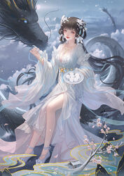  above_clouds bowl bracelet branch brown_hair building chinese_commentary closed_mouth cloud commentary_request dragon dress female hair_rings highres holding holding_bowl holding_spoon jewelry long_hair long_sleeves mountain original sitting smile solar_term solo spoon tangyuan white_dress white_footwear yi_zi_zi 