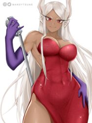  animal_ears bare_shoulders boku_no_hero_academia breasts cleavage closed_mouth cosplay covered_navel crossed_bangs dark-skinned_female dark_skin dress elbow_gloves eyelashes female gloves highres holding holding_microphone jessica_rabbit jessica_rabbit_(cosplay) large_breasts long_dress long_hair looking_at_viewer mandytsune microphone microphone_stand mirko purple_gloves rabbit_ears rabbit_girl red_dress red_eyes simple_background smile solo standing strapless strapless_dress white_background white_hair who_framed_roger_rabbit 