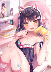  :d ahoge animal_ear_headphones animal_ears bandaid bandaid_on_leg bare_arms bare_shoulders black_camisole black_hair breasts camisole cat_ear_headphones chair cleavage collarbone commentary_request computer_keyboard controller desk fake_animal_ears feet_out_of_frame female frilled_camisole frills game_controller hands_up headphones heart heart_print holding indoors knees_together_feet_apart knees_up looking_at_viewer medium_breasts monitor multicolored_hair nail_polish nemuri_nemu oerba_yun_fang office_chair on_chair original pink_nails pink_scrunchie polka_dot polka_dot_scrunchie print_camisole red_hair scrunchie smile socks solo strap_slip striped_clothes striped_socks swivel_chair two-tone_hair wrist_scrunchie yellow_eyes 