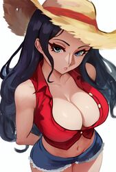  ai-assisted arms_behind_back bare_arms bare_shoulders black_hair blue_eyes breasts cleavage closed_mouth collarbone cosplay cowboy_shot crop_top cutoffs denim denim_shorts female from_above hat highres large_breasts looking_at_viewer monkey_d._luffy monkey_d._luffy_(cosplay) navel nico_robin one_piece one_piece_treasure_cruise partially_unbuttoned shirt shorts simple_background sleeveless sleeveless_shirt solo straw_hat vcais white_background 