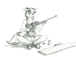  2022 anthro baron_engel belt beverage_can boots bottomwear breasts clothing coco_pommel_(mlp) crossed_legs crosslegged_pose earth_pony equid equine eyebrows eyelashes female footwear friendship_is_magic graphite_(artwork) greyscale gun hasbro horse mammal monochrome my_little_pony pencil_(artwork) pony ranged_weapon rifle scope shirt shorts sitting solo tank_top topwear traditional_media_(artwork) weapon 