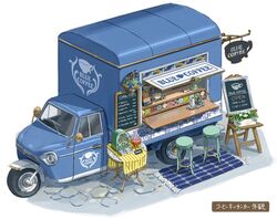  banner bowl cafe carpet counter food_truck from_above highres lamp menu_board motor_vehicle no_humans original pavement plant poten potted_plant stained_glass stool table tablecloth tassel truck 