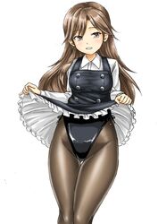  arashio_(kancolle) arashio_kai_ni_(kancolle) black_leotard breasts brown_eyes brown_hair brown_pantyhose clothes_lift collared_shirt cowboy_shot dress female frilled_dress frills hair_between_eyes kantai_collection kudou_(ooabareteng) leotard leotard_under_clothes lifting_own_clothes long_hair long_sleeves looking_at_viewer pantyhose pinafore_dress shirt simple_background skirt skirt_lift sleeveless sleeveless_dress small_breasts smile solo white_background white_shirt 