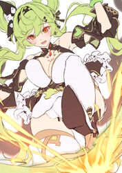  ai-chan_(chrono_navi)_(honkai_impact) ai-chan_(honkai_impact) ai_hyperion_lamdba_(honkai_impact) bare_shoulders blush boots bracelet breast_tattoo breasts cleavage detached_sleeves female fire green_hair hair_between_eyes hairband high_heel_boots high_heels highres honkai_(series) honkai_impact_3rd jewelry large_breasts long_hair open_mouth orange_eyes simple_background smile solo tattoo white_background xfate 