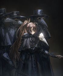  4others ahoge alternate_costume black_background black_capelet black_gloves black_mask black_robe brown_eyes brown_hair buttons cane capelet coat commentary dark_background doctor feather_hair_ornament feathers female gloves hair_ornament hat highres hololive hololive_english leather long_coat long_hair looking_down mask multicolored_hair multiple_others nanashi_mumei outstretched_arm overcoat plague_doctor plague_doctor_mask ponytail quasarcake reaching robe streaked_hair top_hat very_long_hair virtual_youtuber white_mask 