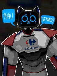  2022 3:4 anthro anthrofied bellabot blue_body carrefour dialogue domestic_cat felid feline felis front_view hi_res kerfus logo magnoliathetre1 male mammal owo pudu_robotics red_body screen screen_face solo talking_to_viewer text translated white_body 