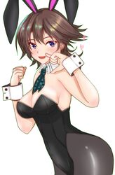  absurdres animal_ears black_leotard black_pantyhose breasts brown_hair cleavage commentary_request cowboy_shot detached_collar female flipped_hair green_neckerchief hiei_(kancolle) highres index_finger_raised kantai_collection leotard looking_at_viewer medium_breasts neckerchief nitamako_(sakamalh) pantyhose plaid_neckerchief playboy_bunny purple_eyes rabbit_ears short_hair simple_background solo strapless strapless_leotard white_background wrist_cuffs 