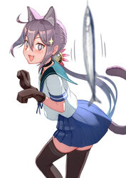  +_+ akebono_(kancolle) akebono_kai_ni_(kancolle) animal_ears bell black_thighhighs blue_skirt blush brown_gloves cat_ears cat_girl cat_tail extra_ears female fish flower gloves green_sailor_collar hair_bell hair_between_eyes hair_flower hair_ornament highres jingle_bell kantai_collection long_hair oerba_yun_fang open_mouth pink_flower pleated_skirt porupurucha purple_eyes purple_hair sailor_collar saury school_uniform serafuku short_sleeves side_ponytail simple_background skirt solo tail thighhighs white_background zettai_ryouiki 