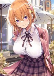  aged_up alternate_breast_size bag blush bra_visible_through_clothes breasts brown_skirt buttons closed_mouth coat collared_shirt commentary_request female gochuumon_wa_usagi_desu_ka? hair_between_eyes hair_ornament hairclip highres hoto_cocoa ks_(xephyrks) large_breasts long_sleeves orange_hair pink_coat plaid plaid_skirt pleated_skirt purple_eyes see-through shirt short_hair shoulder_bag skirt smile solo white_shirt 