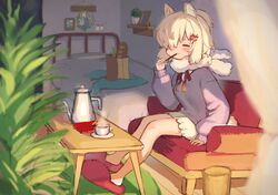  absurdres alpaca_ears alpaca_girl alpaca_suri_(kemono_friends) alpaca_tail alternate_costume animal_ears bare_legs blush closed_eyes commentary_request couch cup female food fur_collar hair_bun hair_ornament highres japari_symbol kemono_friends long_sleeves neck_ribbon noamem pocky purple_sweater red_footwear red_ribbon ribbon short_hair short_shorts shorts single_hair_bun sitting slippers solo sweater tail tea teacup teapot white_fur white_hair white_shorts 