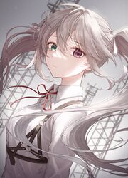  25-ji_miku 25-ji_nightcord_de._(project_sekai) 723/nanahumi bad_id bad_twitter_id chest_harness closed_mouth commentary female green_eyes harness hatsune_miku heterochromia long_hair looking_at_viewer project_sekai red_eyes red_ribbon ribbon skirt solo star_(sky) transmission_tower truss twintails upper_body vocaloid white_hair 