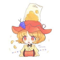  aki_minoriko artist_name blonde_hair character_name cropped_torso female food food_on_head fruit fruit_on_head grapes hat highres m_(m073111) object_on_head open_mouth orange_(fruit) red_eyes red_hat shirt short_hair simple_background smile solo touhou twitter_username upper_body white_background yellow_shirt 