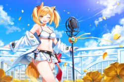  ;d absurdres animal_ears arknights armpits bare_shoulders bikini bikini_skirt black_bikini blonde_hair breasts cleavage cloud collarbone commentary day female flower front-tie_bikini_top front-tie_top hair_ornament highres jacket long_hair long_sleeves looking_at_viewer medium_breasts microphone microphone_stand midriff miniskirt minori_(faddy) mismatched_bikini navel off_shoulder official_alternate_costume one_eye_closed open_clothes open_jacket open_mouth outdoors petals skirt sky smile solo sora_(arknights) sora_(summer_flowers)_(arknights) standing stomach sunlight swimsuit tail thigh_strap thighs twintails white_bikini white_jacket white_skirt wolf_ears wolf_tail yellow_eyes yellow_flower 