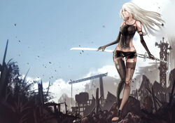  a2_(nier:automata) advarcher android bad_id bad_pixiv_id black_gloves black_shorts blue_sky breasts commentary_request completion_time day elbow_gloves female full_body gloves highres holding holding_sword holding_weapon joints katana long_hair medium_breasts nier:automata nier_(series) post-apocalypse reverse_grip robot_joints short_shorts shorts sky solo sword sword_behind_back thigh_gap toes virtuous_contract walking weapon 