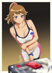  arm_under_breasts bike_shorts black_background blue_eyes blurry blurry_foreground blush bracelet breasts brown_hair cleavage collarbone commentary_request condom_box cowboy_shot dated female gradient_background gundam gundam_build_fighters gundam_build_fighters_try gunpla hand_on_own_arm highres hoshino_fumina jewelry kijinaka_mahiro large_breasts leaning_to_the_side looking_at_object medium_hair midriff model_kit navel okamoto_condoms open_clothes outline parted_lips partial_commentary ponytail scrunchie shorts sidelocks signature simple_background solo sports_bra standing sweatdrop thigh_gap two-tone_sports_bra white_shorts white_sports_bra yellow_background 