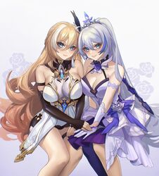  2girls absurdres bare_shoulders bianka_durandal_ataegina bianka_durandal_ataegina_(palatinus_equinox) blonde_hair blue_eyes breasts cleavage dress hair_ornament highres honkai_(series) honkai_impact_3rd kiana_kaslana kiana_kaslana_(herrscher_of_flamescion) large_breasts long_hair multiple_girls purple_legwear simple_background smile thighs tutou_jiang white_background white_dress white_hair 