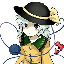  black_hat blush buttons closed_mouth collared_shirt commentary diamond_button eyeball female frilled_shirt_collar frills green_eyes hat hat_ribbon heart heart_of_string himuhino koishi_komeiji&#039;s_heart-throbbing_adventure komeiji_koishi light_green_hair long_sleeves looking_at_viewer meme no_bitches?_(meme) parody ribbon shirt simple_background solo subterranean_animism sun_hat symbol-only_commentary third_eye touhou wavy_hair white_background wide_sleeves yellow_ribbon yellow_shirt zun_(style) 