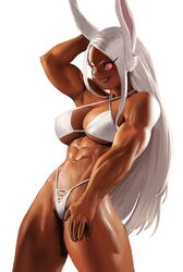  abs animal_ears arm_behind_head arm_up bare_shoulders bikini boku_no_hero_academia breasts cessa cleavage commentary criss-cross_halter dark-skinned_female dark_skin english_commentary female glowing glowing_eyes grin halterneck hand_on_own_thigh large_breasts long_eyelashes long_hair looking_at_viewer mirko muscular muscular_female navel parted_bangs rabbit_ears rabbit_girl red_eyes smile solo stomach swimsuit thick_thighs thighs underboob white_background white_bikini white_hair 