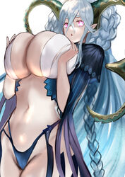  +_+ aqua_hair blue_panties blue_shirt braid breasts breasts_squeezed_together choker cleavage cropped_shirt curled_horns fate/grand_order fate_(series) female hair_between_eyes highleg highleg_panties horns jewelry jikihatiman large_breasts larva_tiamat_(fate) larva_tiamat_(third_ascension)_(fate) long_hair looking_at_viewer navel open_mouth panties pendant pink_eyes pointy_ears shirt shrug_(clothing) sidelocks solo stomach striped_sleeves symbol-shaped_pupils thighs tiamat_(fate) underwear very_long_hair 