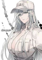  artist_name baseball_cap breasts closed_mouth collared_shirt colored_skin employee_uniform expressionless female gearous grey_eyes grey_hair hat hataraku_saibou highres large_breasts long_hair shirt solo u-1196 uniform white_background white_blood_cell_(hataraku_saibou) white_hair white_skin white_uniform 