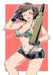  absurdres akiyama_yukari bikini black_gloves border breasts brown_eyes brown_hair camouflage camouflage_bikini cleavage cowboy_shot dated female girls_und_panzer gloves highres holding holding_shell large_breasts messy_hair navel one_eye_closed pink_background salute shell shinkuukan_(tetsuo3) short_hair short_shorts shorts signature solo swimsuit tank_shell white_border 