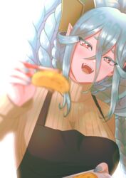  :d alternate_costume apron black_apron blue_hair blue_nails blush breasts brown_sweater chopsticks cipher4109 crossed_bangs dragon_girl fangs fate/grand_order fate_(series) feeding female hair_between_eyes head_tilt highres holding holding_plate horns large_breasts larva_tiamat_(fate) larva_tiamat_(third_ascension)_(fate) long_braid long_hair looking_at_viewer nail_polish plate pointy_ears red_eyes ribbed_sweater short_eyebrows smile solo sweater symbol-shaped_pupils tiamat_(fate) turtleneck turtleneck_sweater upper_body x-shaped_pupils 