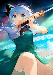  :&lt; ainy arms_up bare_legs black_bow black_bowtie blue_eyes bow bowtie closed_mouth commentary feet_out_of_frame female green_skirt green_vest hairbow highres holding holding_sword holding_weapon katana konpaku_youmu magic_circle midair photoshop_(medium) serious shirt short_hair short_sleeves signature skirt sky solo star_(sky) starry_sky sword tassel thighs touhou twitter_username v-shaped_eyebrows vest weapon white_hair white_shirt 