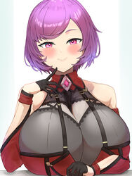  absurdres aged_up bare_shoulders blush bodystocking breast_rest breasts breasts_on_table cleavage closed_mouth coat commentary_request courtney_(pokemon) female gloves half_gloves hand_up highres hizakake huge_breasts long_sleeves looking_at_viewer off-shoulder_coat off_shoulder pokemon pokemon_oras purple_eyes purple_hair red_coat see-through see-through_cleavage short_hair sidelocks simple_background sitting smile solo swept_bangs white_background 