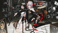  2girls absurdres ambience_synesthesia antenna_hair arknights bare_legs belt belt_buckle black_belt black_dress black_footwear black_gloves black_hair black_pantyhose boots breasts buckle cable chinese_commentary cleavage closed_mouth commentary_request demon_horns demon_tail dress drum drum_set elbow_gloves floodlights full_body gloves goat_horns grey_hair hair_between_eyes hand_on_own_knee high_heel_boots high_heels highres horns hug hug_from_behind indoors ines_(arknights) instrument jewelry kneeling large_breasts long_hair looking_at_viewer mackia multicolored_hair multiple_girls multiple_rings on_floor pantyhose parted_lips red_eyes red_hair ring shoes short_dress short_hair single_glove sitting smile speaker streaked_hair tail thigh_boots torn_clothes torn_pantyhose very_long_hair w_(arknights) w_(wanted)_(arknights) white_sleeves yellow_eyes 